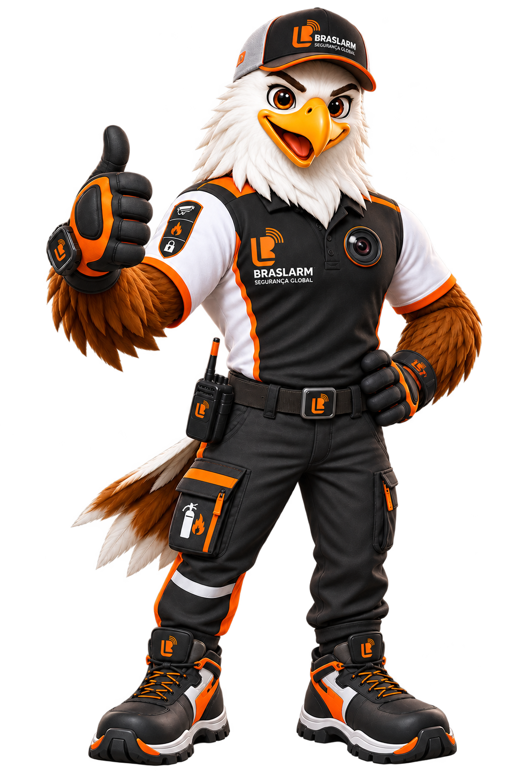 Íris, mascote águia da Braslarm, com uniforme preto, branco e laranja, boné da marca e gesto de aprovação.