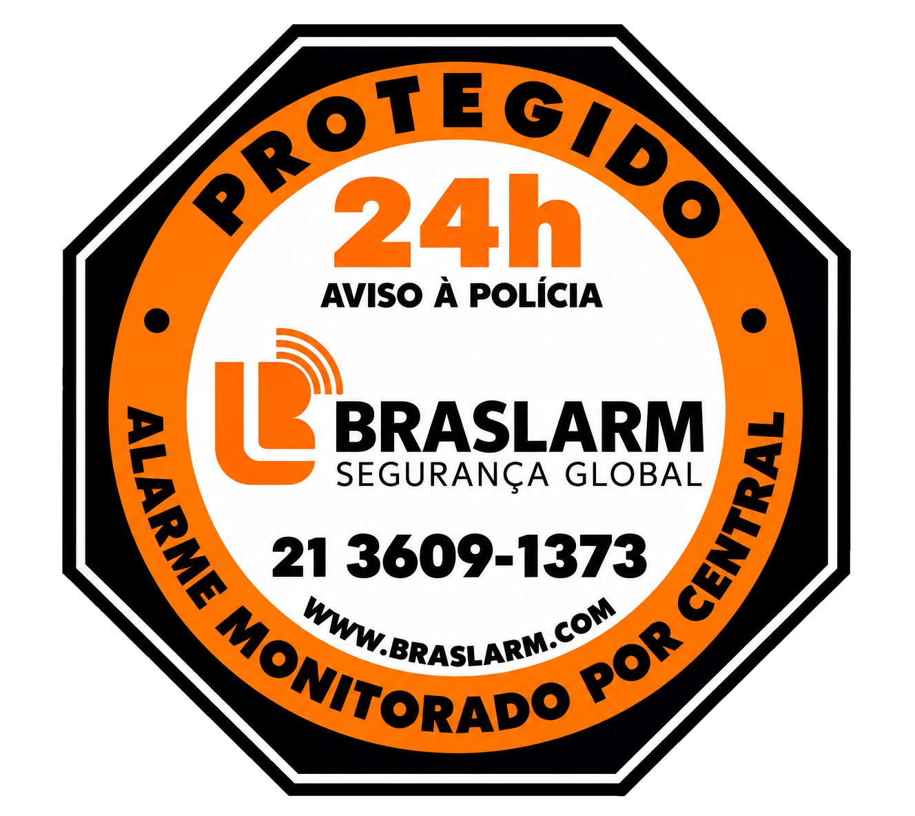 Distintivo Braslarm Segurança Global: alarme monitorado por central 24h, aviso à polícia